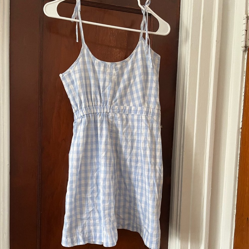 Womens Blue Gingham Mini Dress Bowtie sleeves size small
